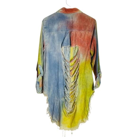 Thrill Jeans Distressed Tunic Shirt Womens 1X Colorful Stripe Acid Wash Grunge - Picture 2 of 8